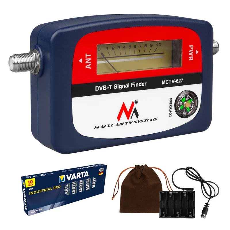 Compteur TV DVB-T Maclean, étui, câble 25 cm F-F, MCTV-627 + 10x AA Varta Industrial batteries