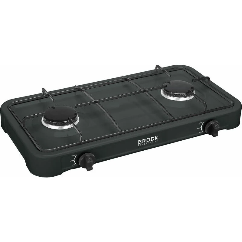 BROCK 2-Pits Draagbaar Gasfornuis – Camping Kooktoestel op LPG (Butaan/Propaan) – Gietijzer – Zwart – 54x29x6 cm