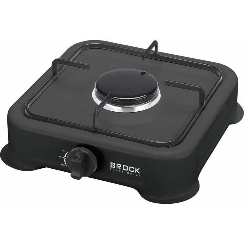 BROCK 1-Pits Gasfornuis – Draagbaar Camping Kooktoestel op LPG – Gietijzeren Branders – Buiten Kookplaat 24x24x6 cm – Zwart
