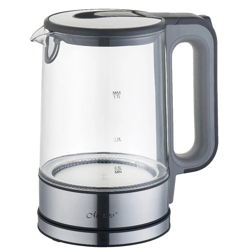Bouilloire électrique en verre avec éclairage intérieur 1,7L Maestro Base à 360 degrés Arrêt automatique Filtre anti-calcaire Indicateur de niveau d'eau 220-240V, ~50Hz, 2200W