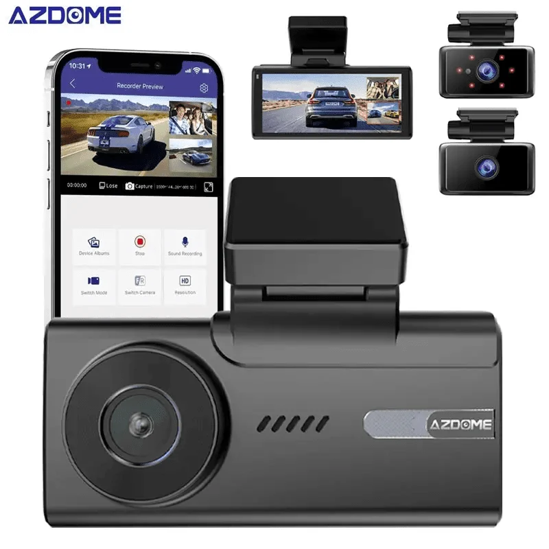 AZDome Dashcam M580 Pro 5K 3CH Wifi Auto Video Recorder 64gb + Interieur en Achter Camera Zwart
