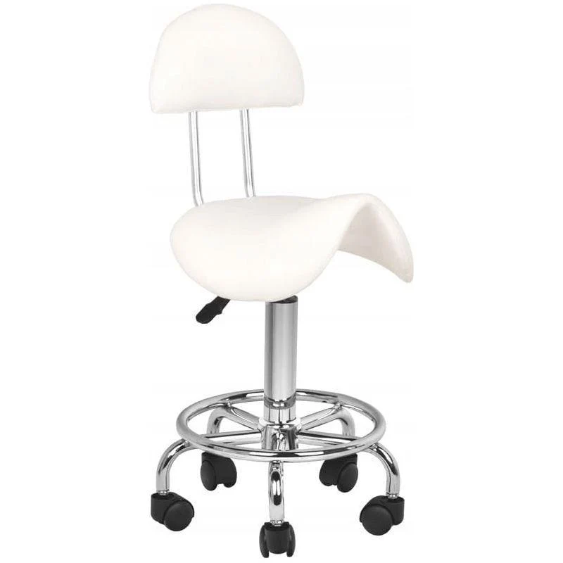 Ergonomische Cosmetische Zadelkruk – Met Rugleuning – Verstelbaar 49–62 cm – Wit Ecoleer – Zilverkleurig Onderstel – Kapperskruk / Werkstoel