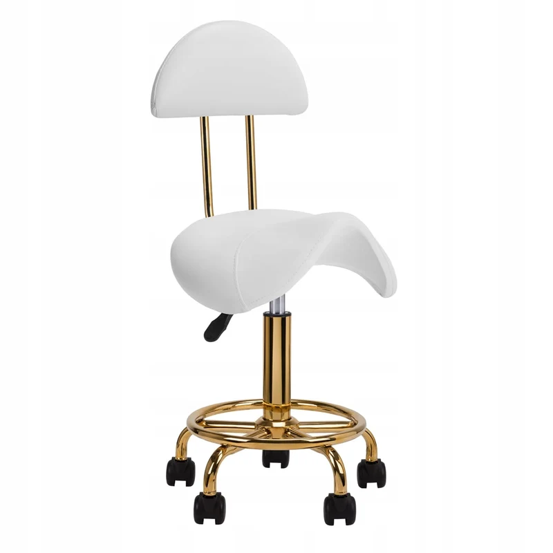 Ergonomische Cosmetische Zadelkruk 6001 – Met Rugleuning – Verstelbaar 49–62 cm – Wit Ecoleer – Gouden Onderstel – Kapperskruk / Werkstoel