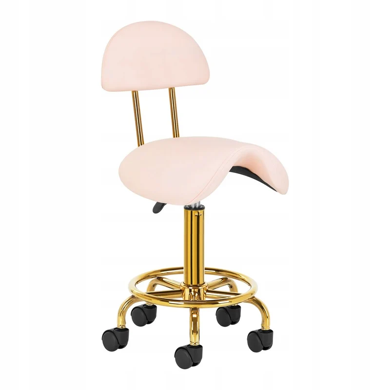 Ergonomische Cosmetische Zadelkruk Met Rugleuning 6001 - Kapperskruk in Hoogte Verstelbaar - Werkplaatsstoel Roze/Goud
