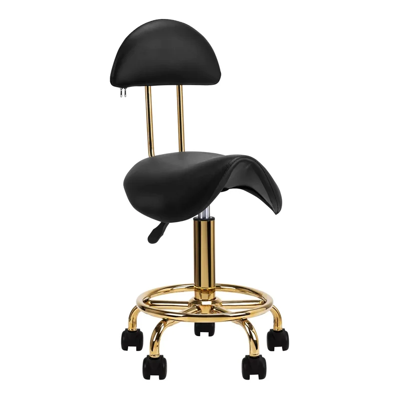 Ergonomische Cosmetische Zadelkruk 6001 – Met Rugleuning – Verstelbaar (49–62 cm) – Zwart Ecoleer – Gouden Onderstel – Kapperskruk / Werkstoel