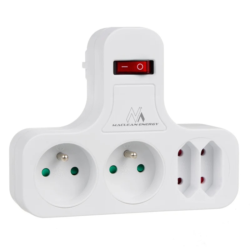 Multiprise Maclean quadruple avec interrupteur marche/arrêt, pied de stabilisation, Type E, 2x2.5A, 2x16A, MCE224