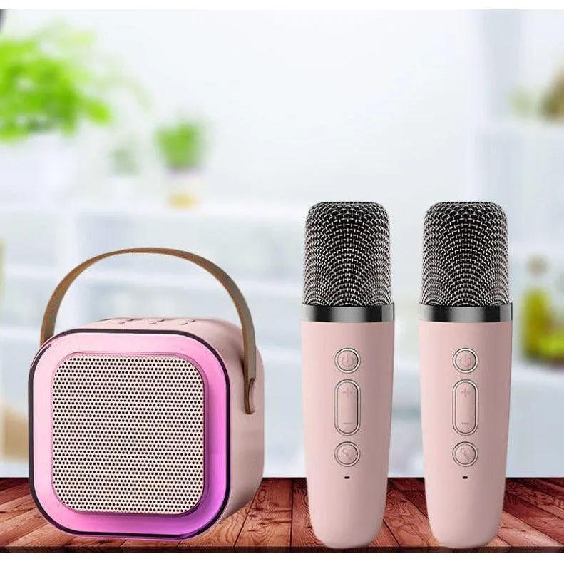 Ikonka Karaoke Set met 2 Microfoons – Bluetooth LED Luidspreker – Draagbare Muziekspeler – Roze Karaokeset