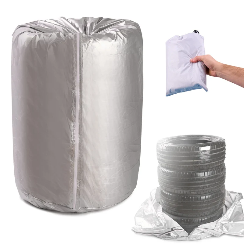 Auto Bandenhoes voor 4 Banden – Waterdichte Wielenhoes 13–17 Inch – Velgenboomhoes met Rits & Trekkoord – Zilver