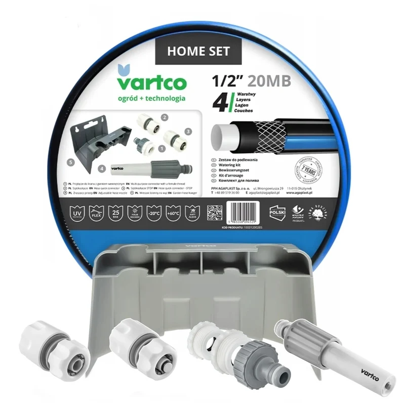 Vartco garden set, 1/2'' 20m hose, stop and go quick coupling, tap connection, sprinkler, wall bracket, Home Set