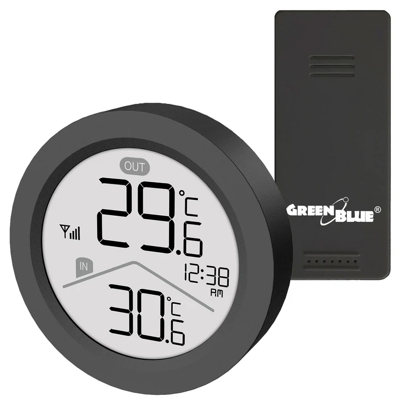 Station météo sans fil GreenBlue, température intérieure/extérieure, horloge, choix entre °C et °F, portée jusqu'à 60 m, noire, GB162 B