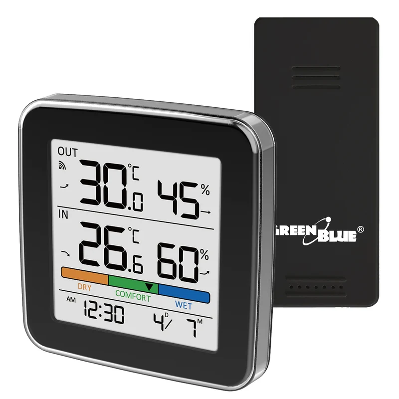 Station météo sans fil GreenBlue, température et humidité (intérieur/extérieur), horloge, alarme et date, °C / °F, portée jusqu'à 60 m, noire, GB169 B