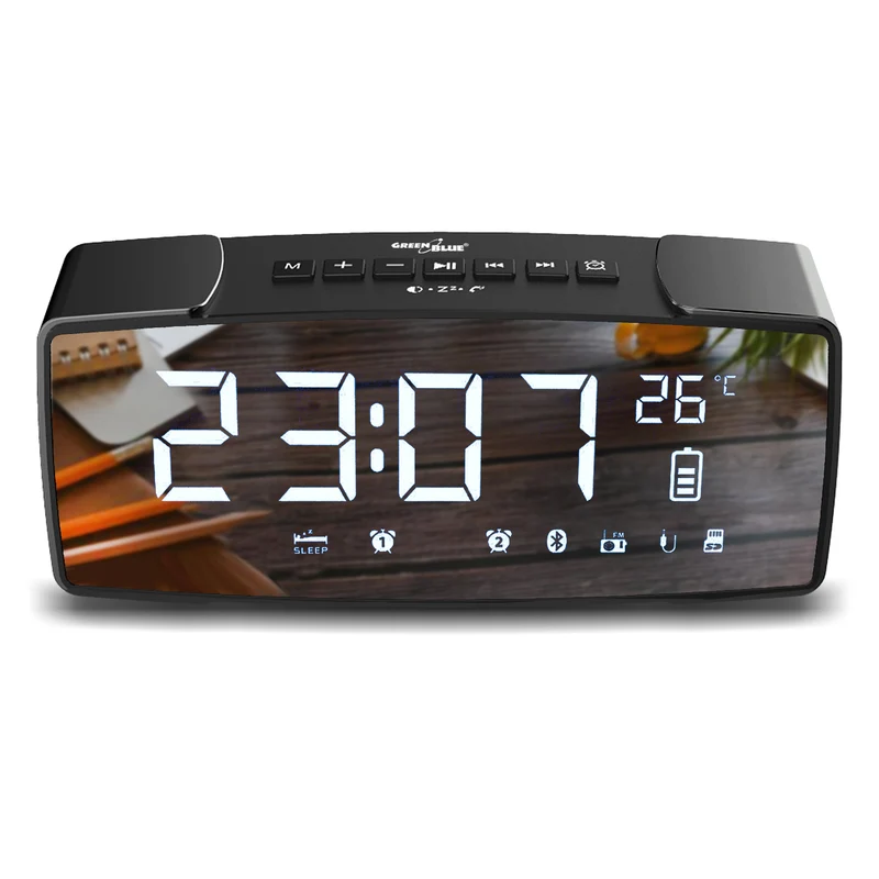 GreenBlue GB200 Radio-réveil Bluetooth 4.2, FM, entrée auxiliaire, 6 W, température, réveil, horloge, batterie 2200 mAh