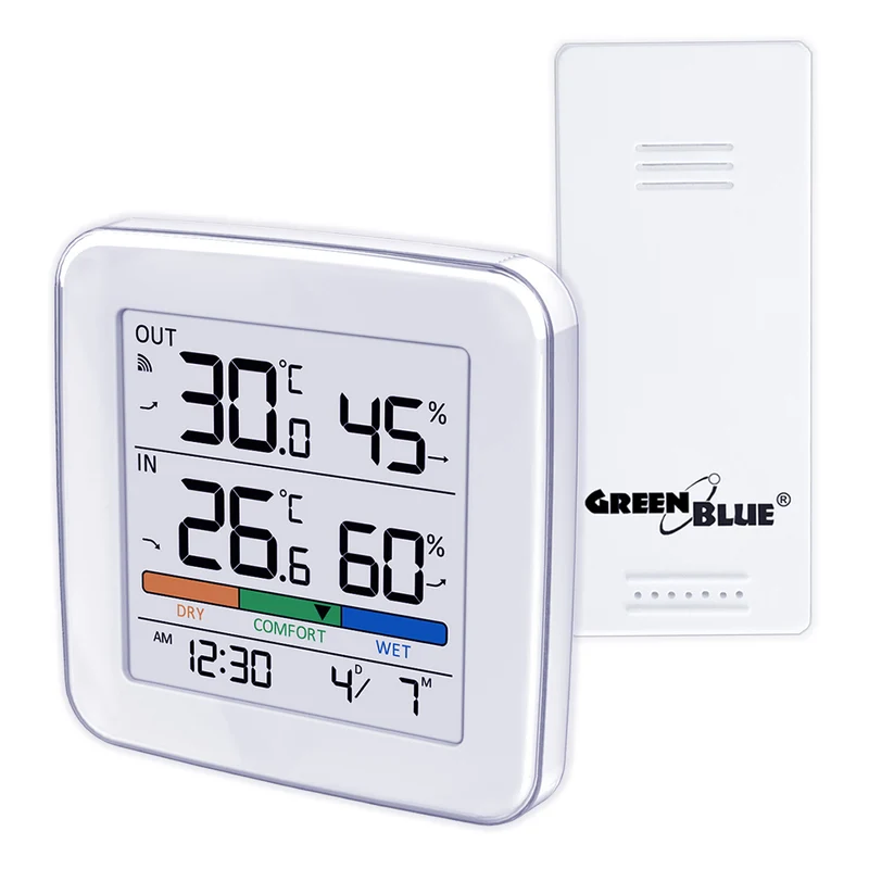 Station météo sans fil GreenBlue, température + humidité IN/OUT, horloge + alarme + date, choix entre °C / °F, portée jusqu'à 60 m, GB169