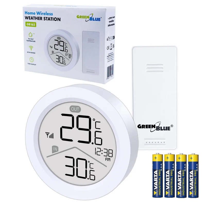 Station météo sans fil GreenBlue, température IN/OUT, horloge, choix entre °C / °F, portée jusqu'à 60 m, GB162, 4 piles AAA