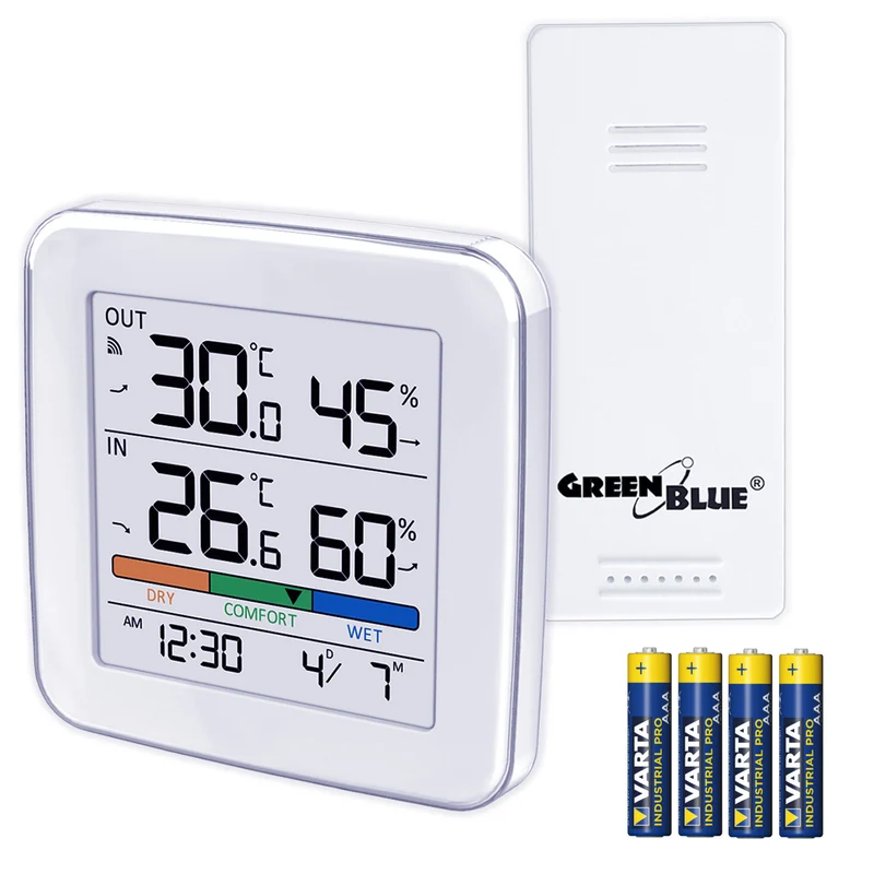 Station météo sans fil GreenBlue, température + humidité IN/OUT, horloge + alarme + date, choix entre °C / °F, portée jusqu'à 60 m, GB169, 4 piles AAA