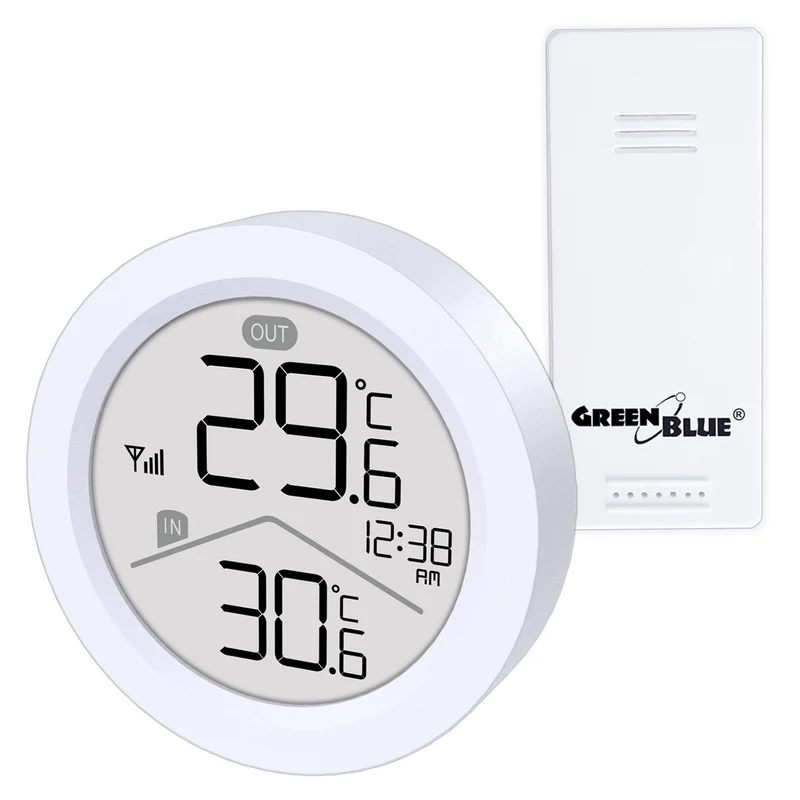 Station météo sans fil GreenBlue, température IN/OUT, horloge, choix entre °C / °F, portée jusqu'à 60 m, GB162