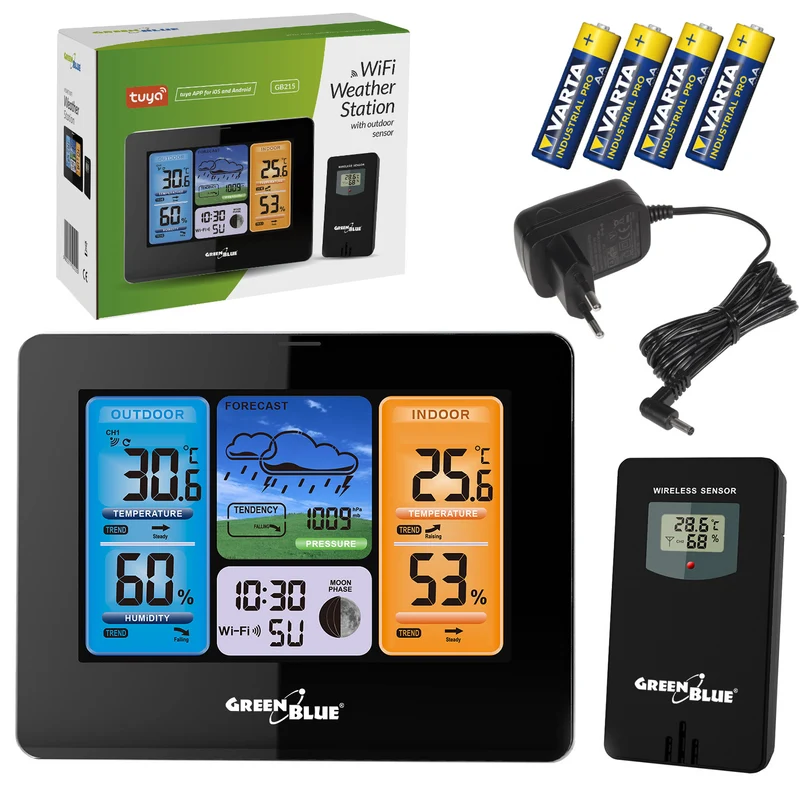 Station météo GreenBlue WiFi, compatible TUYA, capteur extérieur, calendrier, prévisions météo, baromètre, adaptateur secteur, piles, GB215