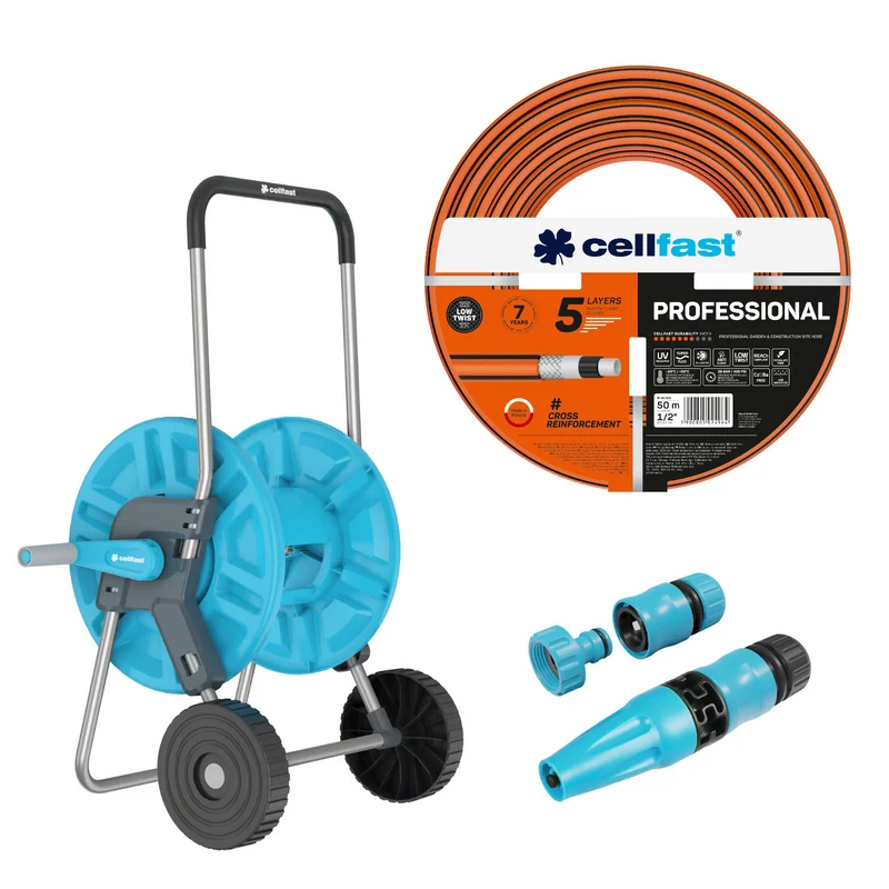 Chariot pour tuyau Cellfast Aluplus 1/2" 60 m + Tuyau d'arrosage Cellfast, PROFESSIONAL 1/2" 50 m + Kit avec arroseur droit Cellfast Basic 1/2"