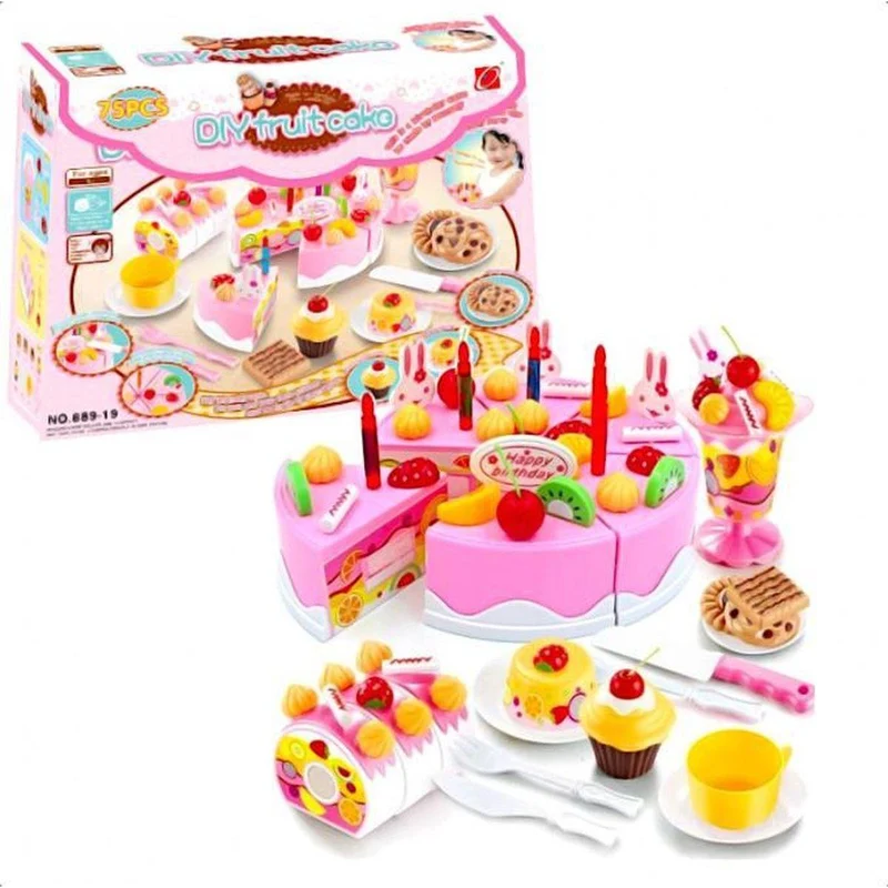 DIY Verjaardagstaart Speelset 75-delig – Taart Speelgoed voor Kinderen – Snijtaart met Accessoires – Educatief Keukenspeelgoed – Vanaf 3 Jaar – Roze