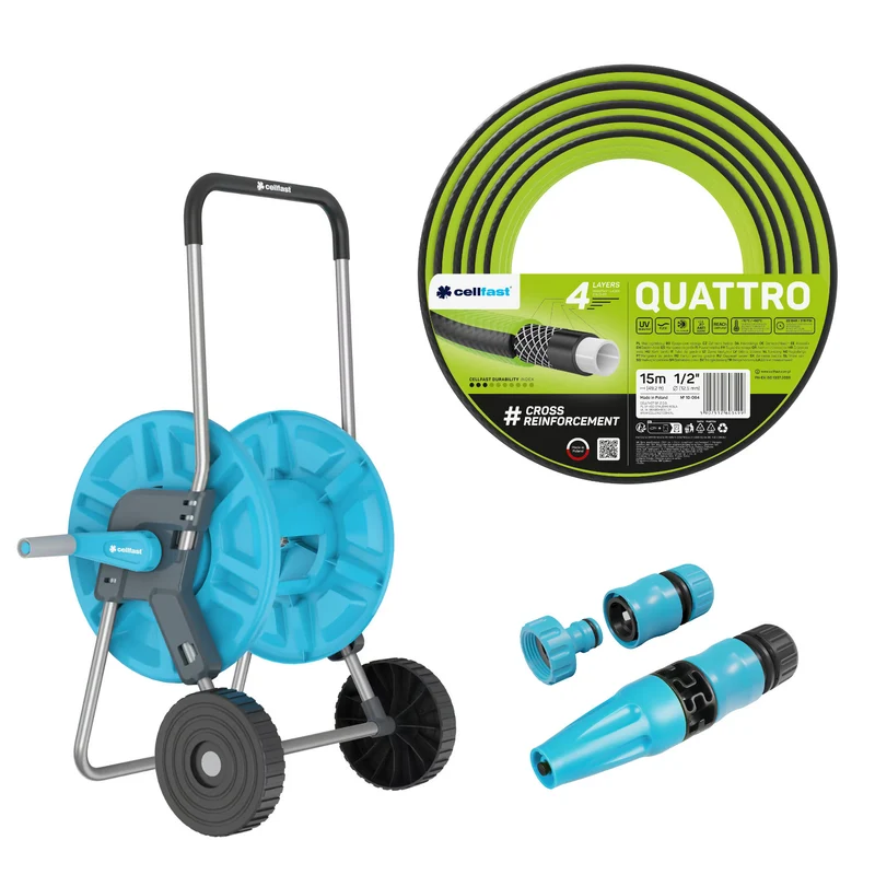 Chariot pour tuyau Cellfast Aluplus 1/2" 60 m + tuyau d'arrosage Cellfast Quattro 1/2" 15 m + ensemble avec arroseur droit Cellfast Basic 1/2"