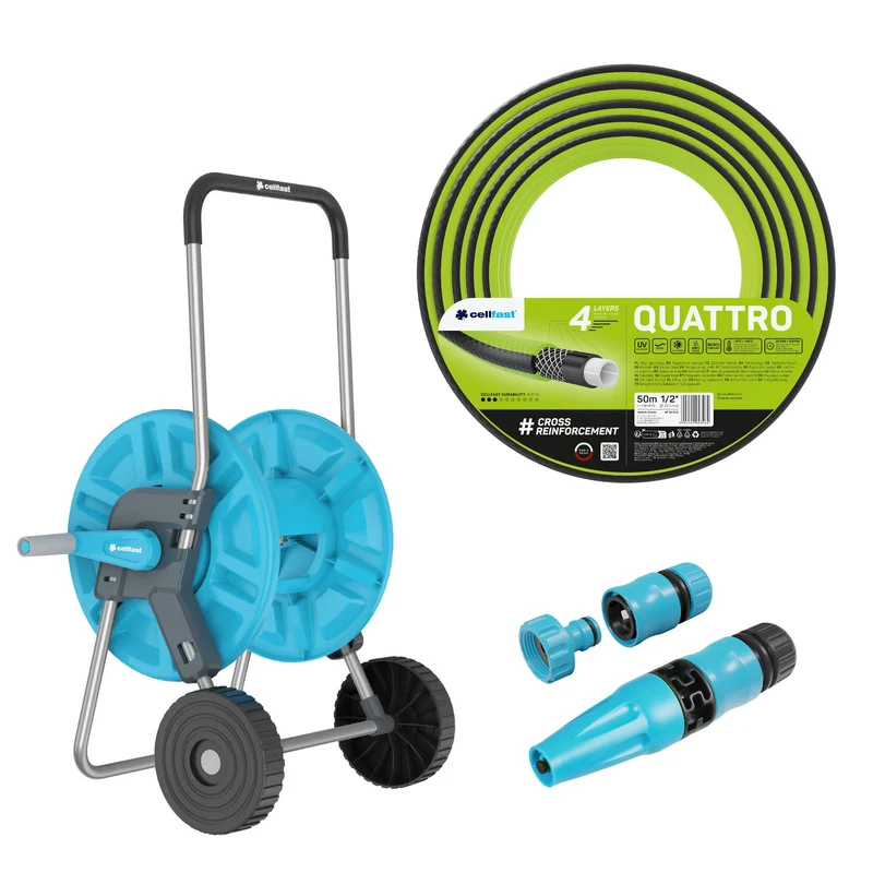 Chariot pour tuyau Cellfast Aluplus 1/2" 60 m + tuyau d'arrosage Cellfast Quattro 1/2" 50 m + ensemble avec arroseur droit Cellfast Basic 1/2"