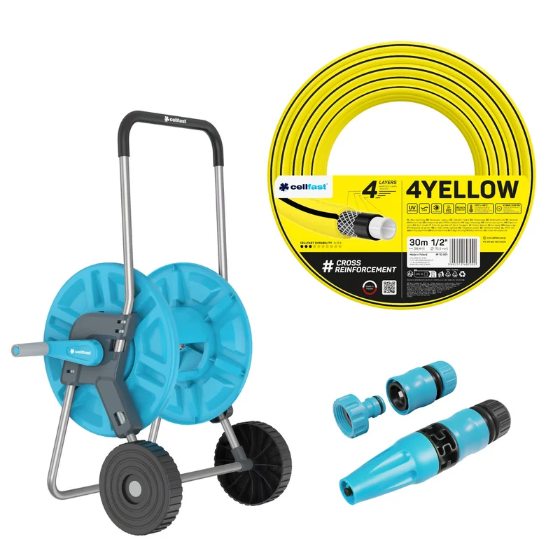 Chariot pour tuyau Cellfast Aluplus 1/2" 60 m + tuyau d'arrosage Cellfast 4YELLOW 1/2" 30 m + kit avec arroseur droit Cellfast Basic 1/2"