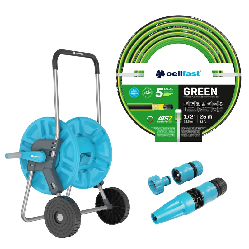 Chariot pour tuyau Cellfast Aluplus 1/2" 60 m + tuyau d'arrosage Cellfast Green ATS2 1/2" 25 m + kit avec arroseur droit Cellfast Basic 1/2"