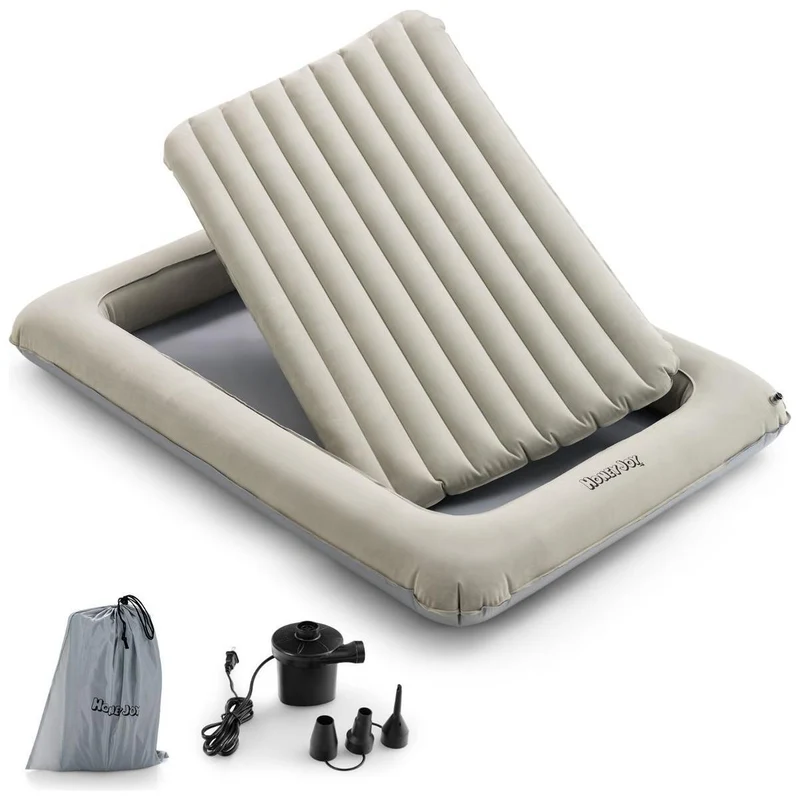 Honeyjoy 2-in-1 Opblaasbaar Peuterreisbed & Speelplek – Luchtbed met Ballenbakfunctie – Grijs – 165x118x20 cm – Incl. Pomp