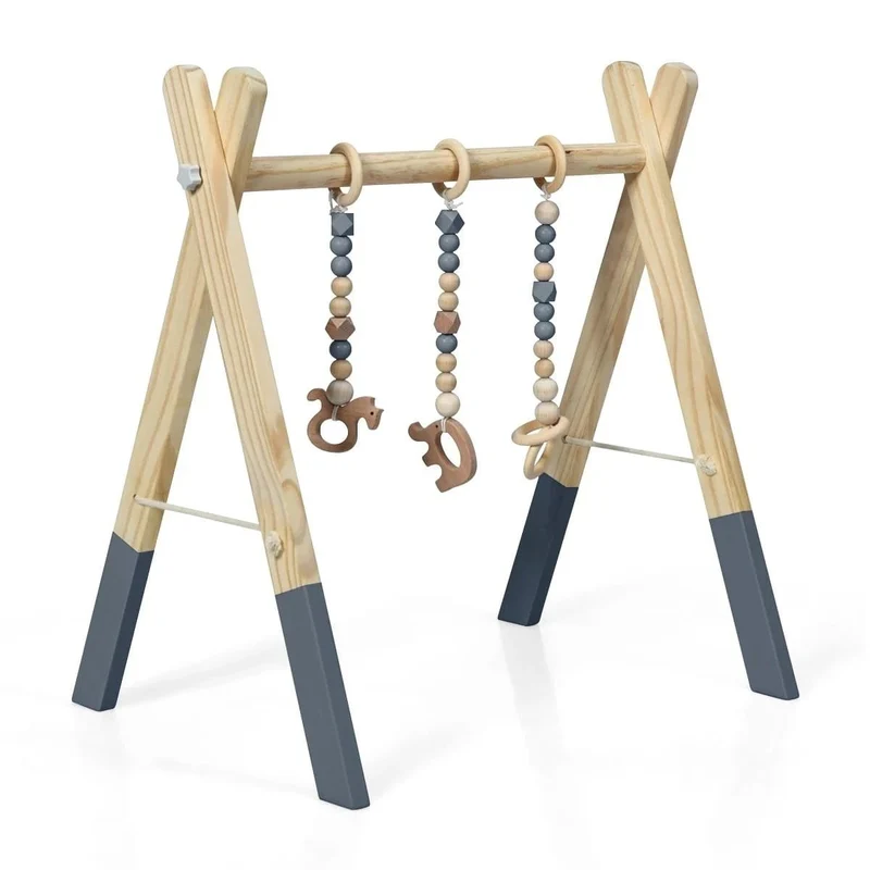 Trendmix Houten Babygym – Met 3 Hangers – Naturel Hout & Grijs – Speelplezier vanaf 3 Maanden – 60×44×60 cm