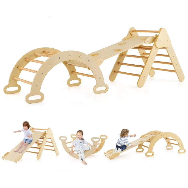 Trendmix Houten Klimrek 3-in-1 – Klimdriehoek, Klimboog & Glijbaan vanaf 1 Jaar
