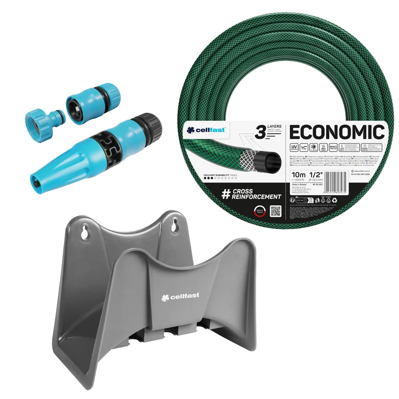 Tuyau d'arrosage Cellfast Economic 1/2" 10 m + support pour tuyau Cellfast gris + kit avec arroseur droit Cellfast Basic 1/2"
