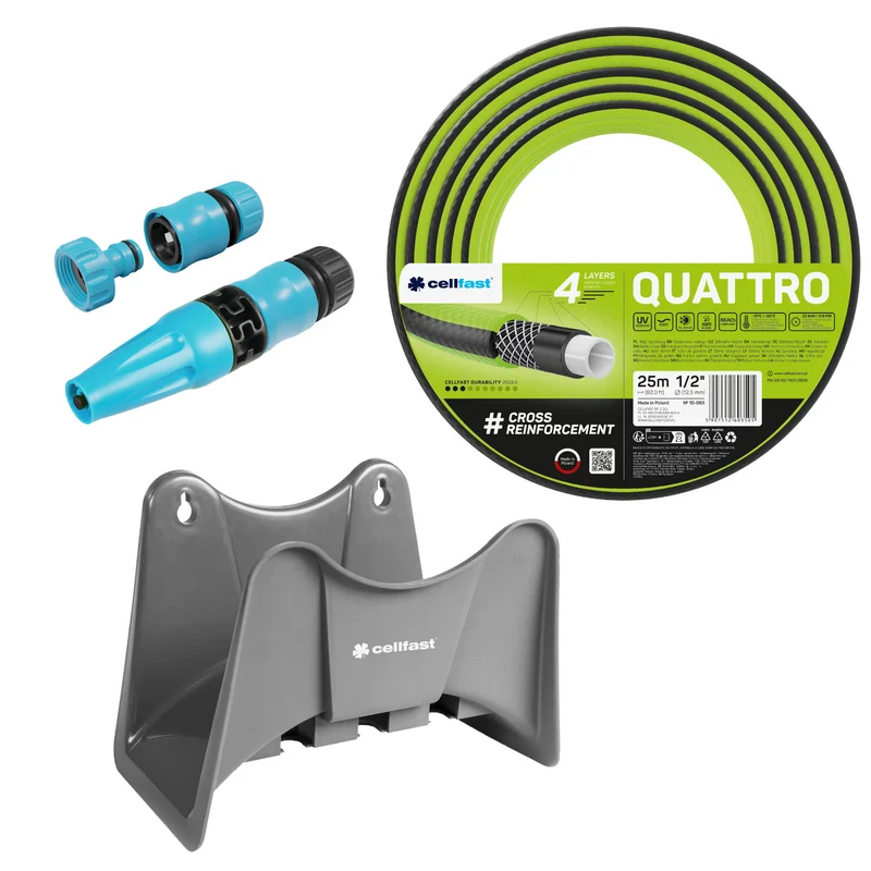 Tuyau d'arrosage Cellfast Quattro 1/2" 25 m + support pour tuyau Cellfast gris + kit avec arroseur droit Cellfast Basic 1/2"