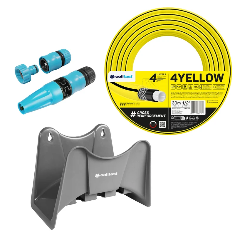 Tuyau d'arrosage Cellfast 4YELLOW 1/2" 30 m + support pour tuyau Cellfast gris + kit avec arroseur droit Cellfast Basic 1/2"