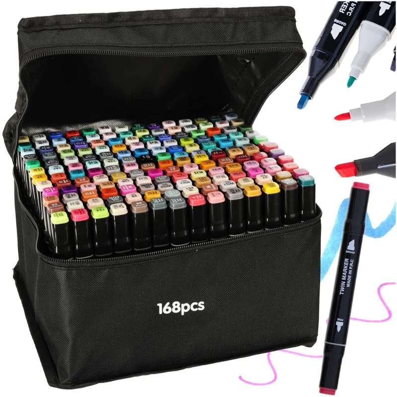Ikonka Dubbelzijdige Alcoholmarkers 168-Delig – Inclusief Etui & Standaard – Alcoholmarker Set Met Brede & Dunne Punt – Professionele Kleurstiften