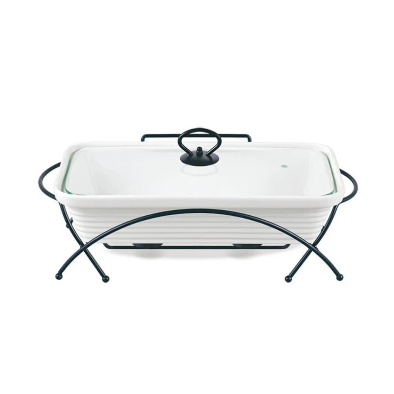 Chauffe-plats céramique Maestro, rectangulaire, blanc, capacité 2,4L, utilisable au four, grille et couvercle avec poignée inclus, MR-11562-73