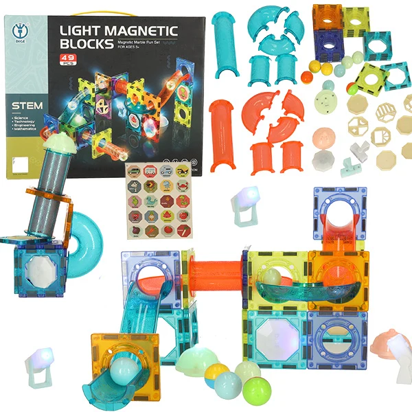 Lichtgevende Magnetische Knikkerbaan 49-delig – STEM Speelgoed – Magnetische Bouwset met Lichtblokken & Glow Ballen – Vanaf 3 Jaar