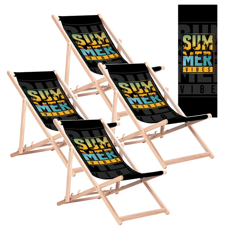 Chaise longue classique en hêtre GreenBlue GB183, motif « Summer Vibes », lot de 4