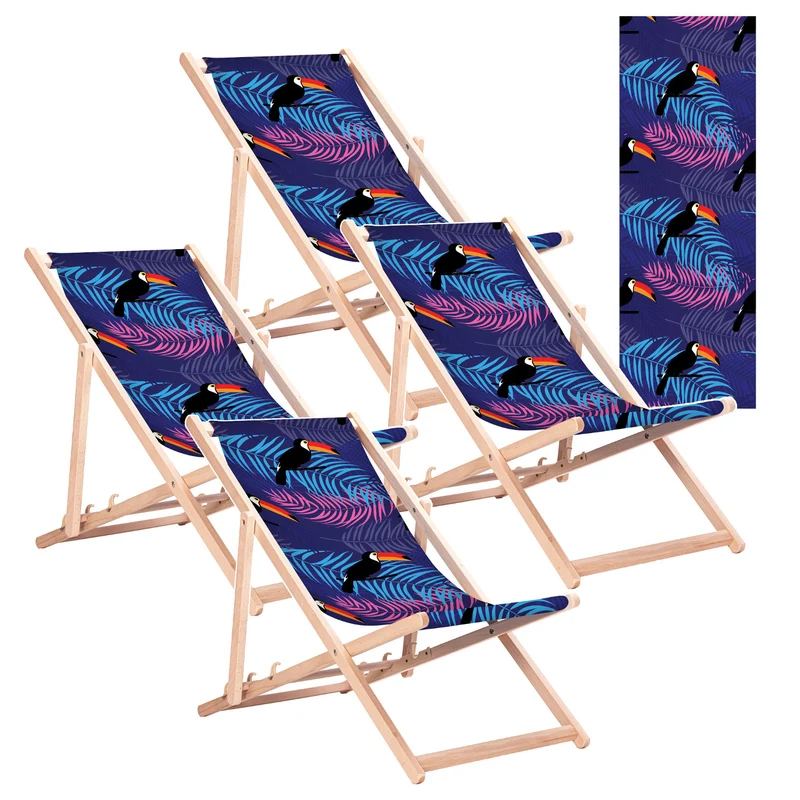 Chaise longue classique en hêtre GreenBlue GB183, motif « Toucan », lot de 4 pièces