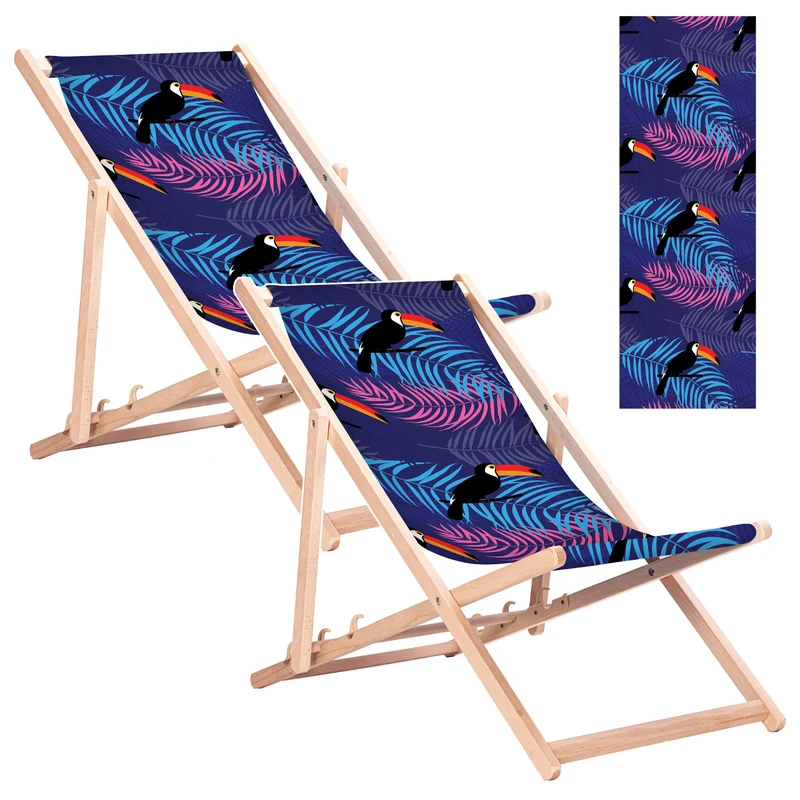 Chaise longue classique en hêtre GreenBlue GB183, motif « Toucan », lot de 2