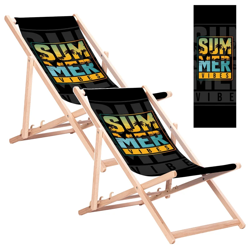 Chaise longue classique en hêtre GreenBlue GB183, motif « Summer Vibes », lot de 2