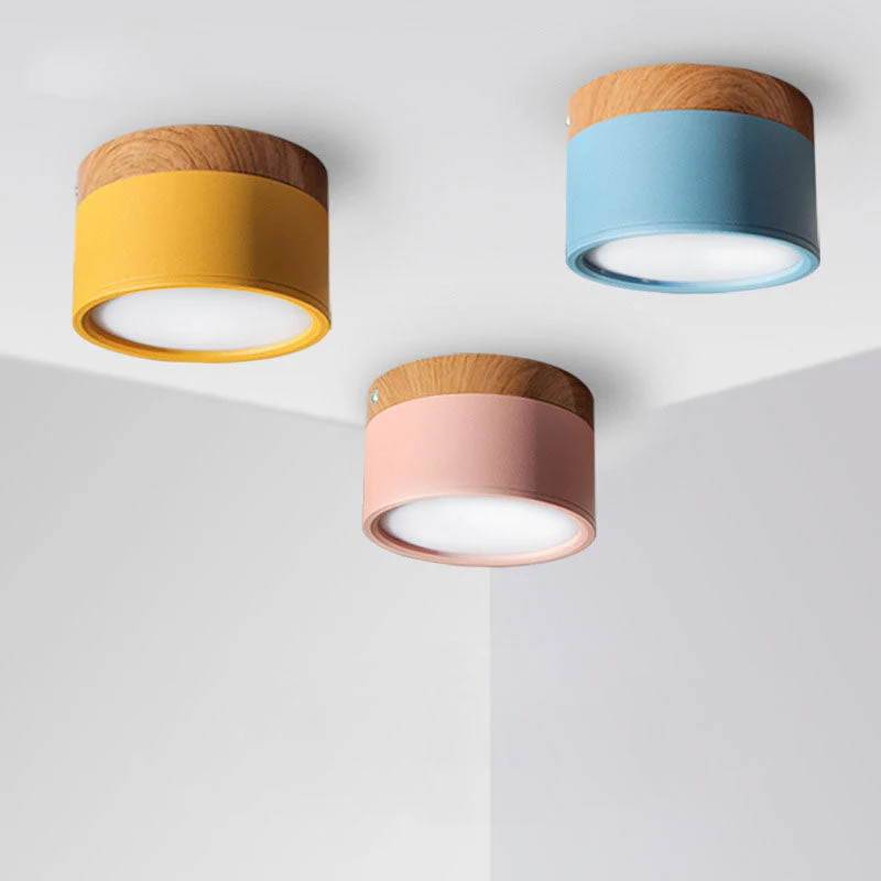 Opbouw LED-downlight, Macaron-ontwerp, 12 W, houtnerf, driekleurige kleurwisselfunctie, voor gang, corridor en slaapkamer