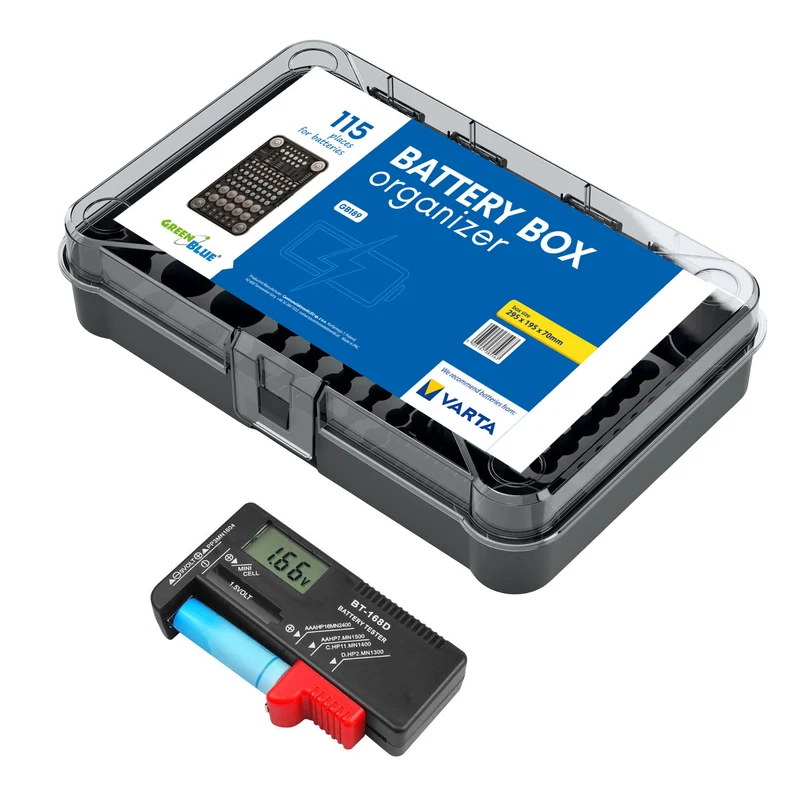 Organiseur de piles GreenBlue GB189 + testeur numérique de piles et de batteries rechargeables Lamex