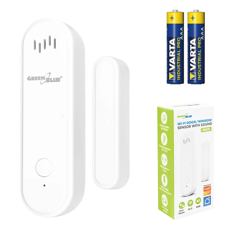 Contacteur sans fil / capteur d'ouverture Wi-Fi GreenBlue, Android/iOS, pour portes / fenêtres, 3,0 V CC, LR03x2, avec alarme, GB478 + 2 piles R-03 LR03 AAA alcalines Varta Industrial 4003