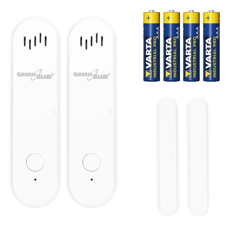 Contacteur sans fil / capteur d'ouverture Wi-Fi GreenBlue, Android/iOS, pour portes / fenêtres, 3,0 V CC, LR03x2, avec alarme, GB478 (2 pièces) + 4 piles alcalines AAA Varta Industrial 4003