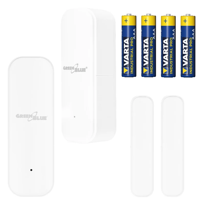 Contacteur sans fil / capteur d'ouverture Wi-Fi GreenBlue, Android/iOS, pour portes / fenêtres, 3,0 V CC, LR03x2, GB479, lot de 2 pièces + 4 piles alcalines AAA Varta Industrial 4003