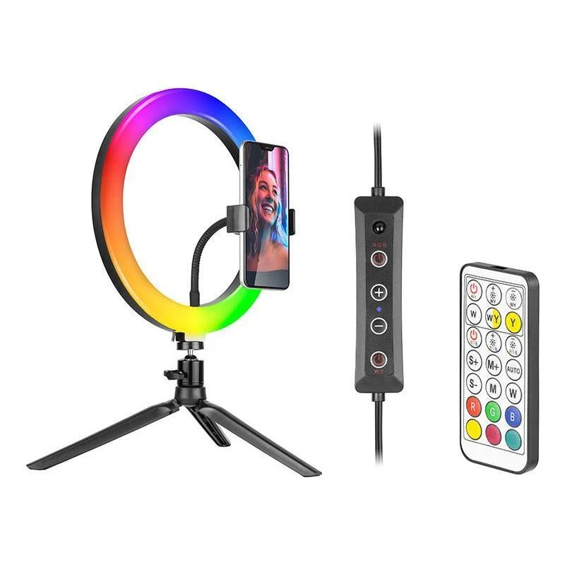 LED Ringlamp 26 cm met Tripod – RGB Verlichting – Telefoonhouder – Afstandsbediening – 9 cm Hoog – 18 Kleuren