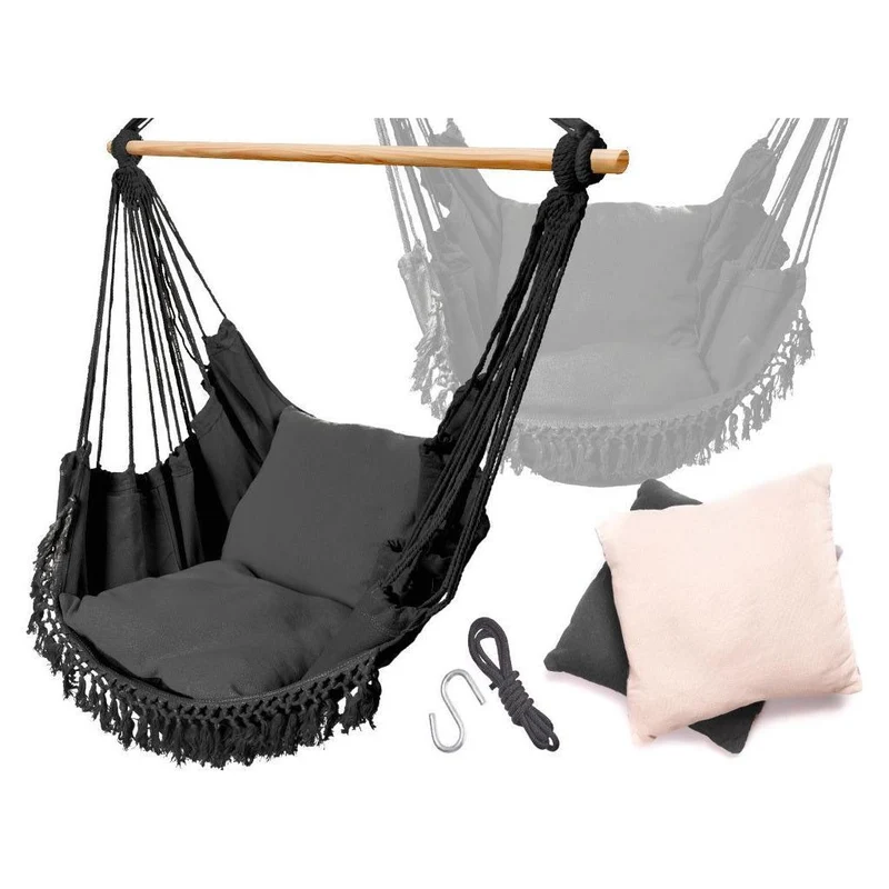 Braziliaanse Hangmatstoel met Kussens – Zwart – Belastbaar tot 100 kg – Comfortabele Stoel voor Binnen & Buiten – Katoen – 98 cm Kruisstang