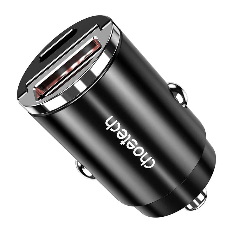 Choetech Autolader Telefoon 1x USBA, 1x USBC 30W PD 3.0 12/24V Zwart