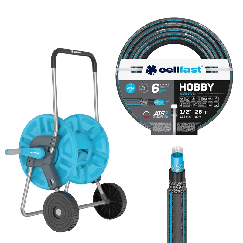 Chariot pour tuyau Cellfast Aluplus 1/2" 60 m + tuyau d'arrosage Cellfast Hobby ATS2 1/2" 25 m