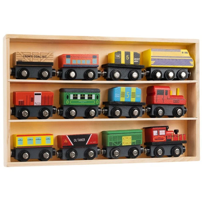 Houten Speelgoed Trein – 12-Delige Magnetische Treinset – Met Organizer 33×20×3 cm – Inclusief 3 Locomotieven & 9 Wagons – Veilig & Duurzaam